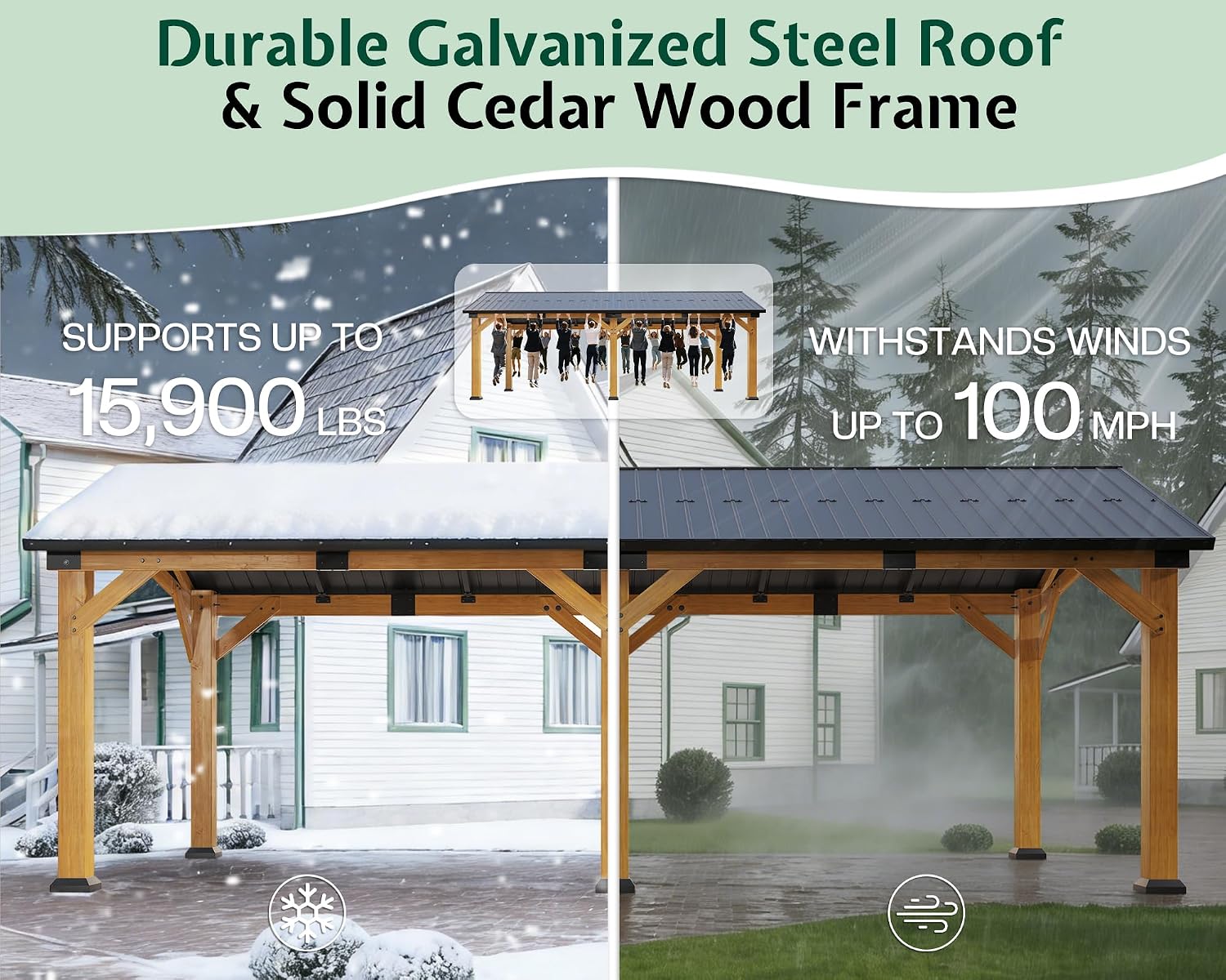 Jocisland 12' x 24' Cedar Wood Hardtop Gazebo with Galvanized Steel Roof, Waterproof Outdoor Gazebo Pavilion, Heavy-Duty Snow & Wind Resistant Carport for Patio, Driveway, Garden