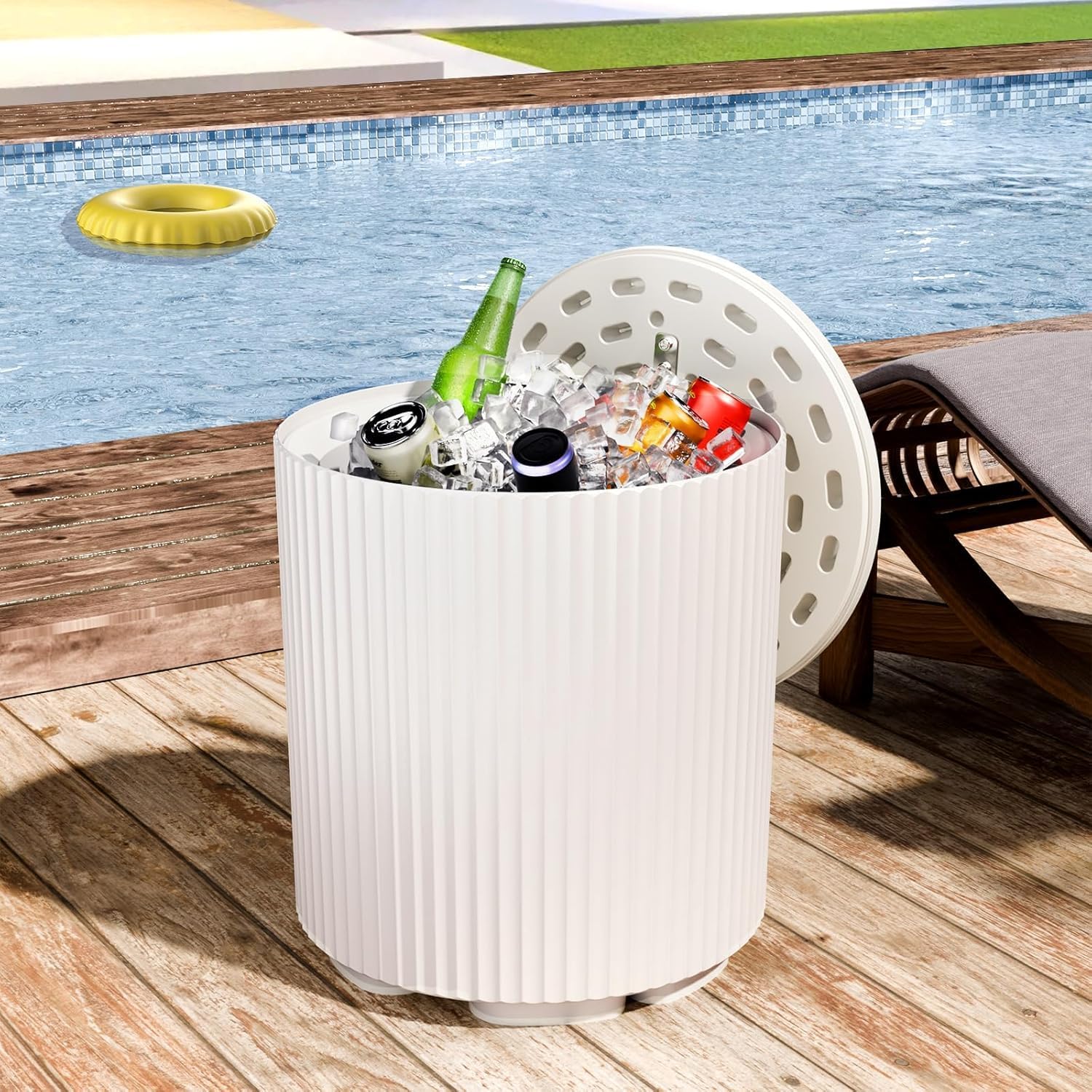 2 PCS Outdoor Cooler Side Table, Portable Ice Bucket Cooler, Patio Table and Ice Chest Storage, Outdoor Ice Chest Side for Parties Picnics Beach, White