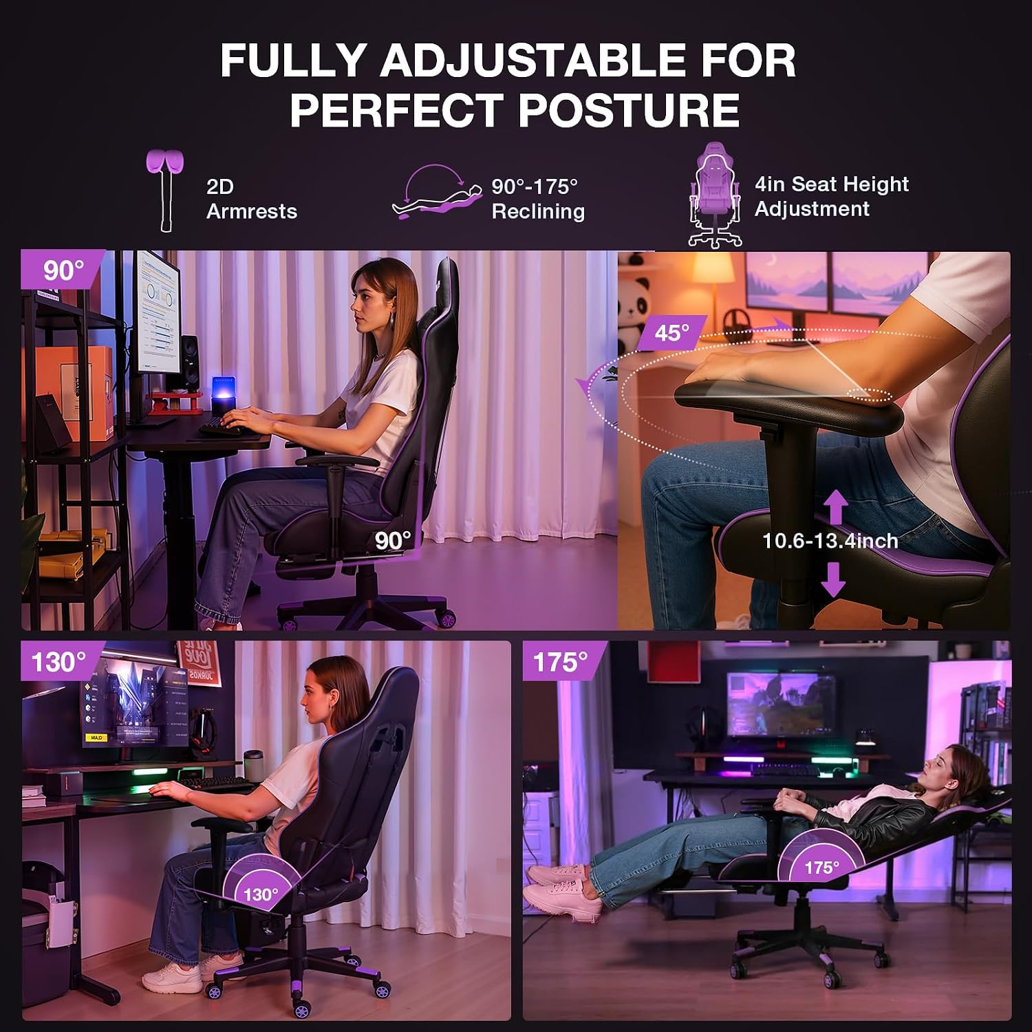 Douxlife 7-Point Massage Gaming Chair with Footrest, 400lbs Heavy Duty Ergonomic Computer Chair, 175° Reclining High Back Racing Seat for Adults with Adjustable Armrests & Lumbar Support, Purple