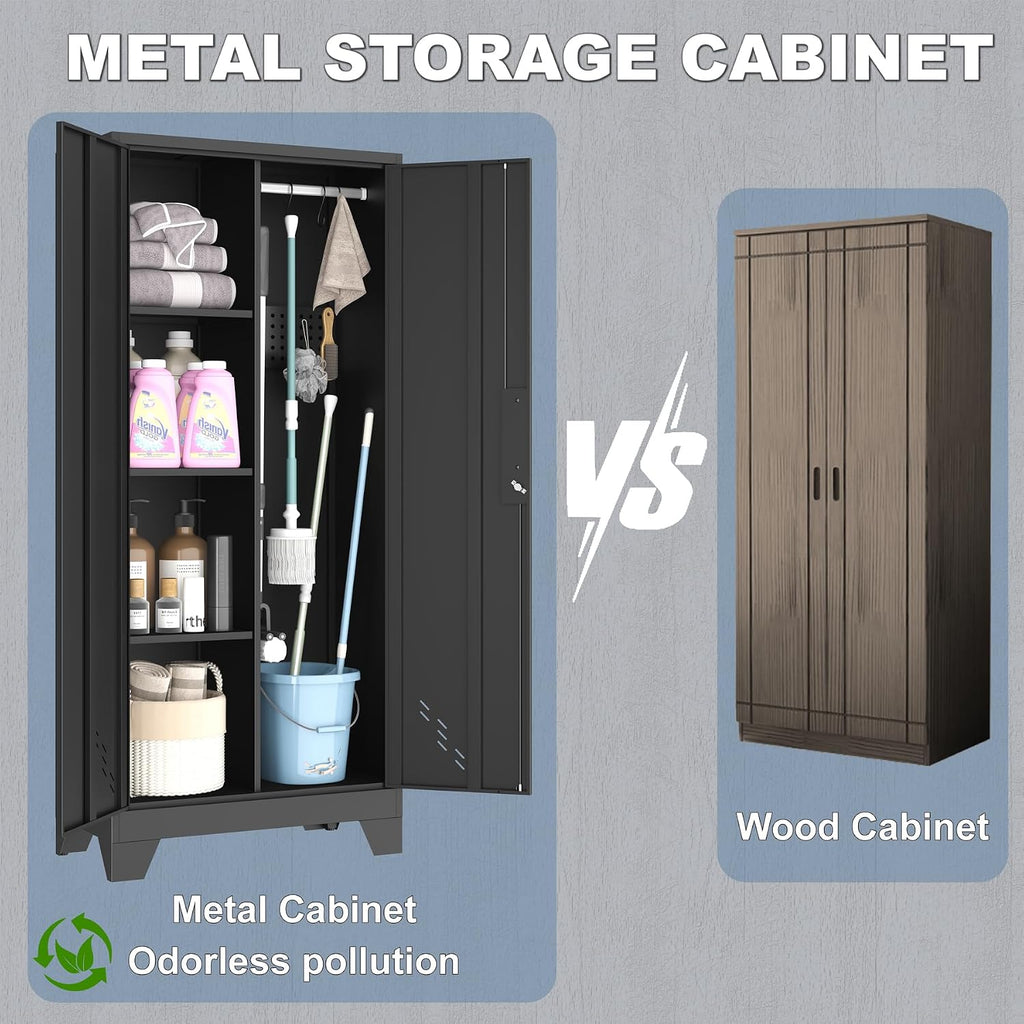 OSEILLC Metal Storage Cabinet with Locking Doors, 61' Tall Garage with Hanging Rod, Broom Closet, Freestanding Bathroom Storage Cabinet, Cleaning Tool,Utility Cabinets for Storage Locker,Black