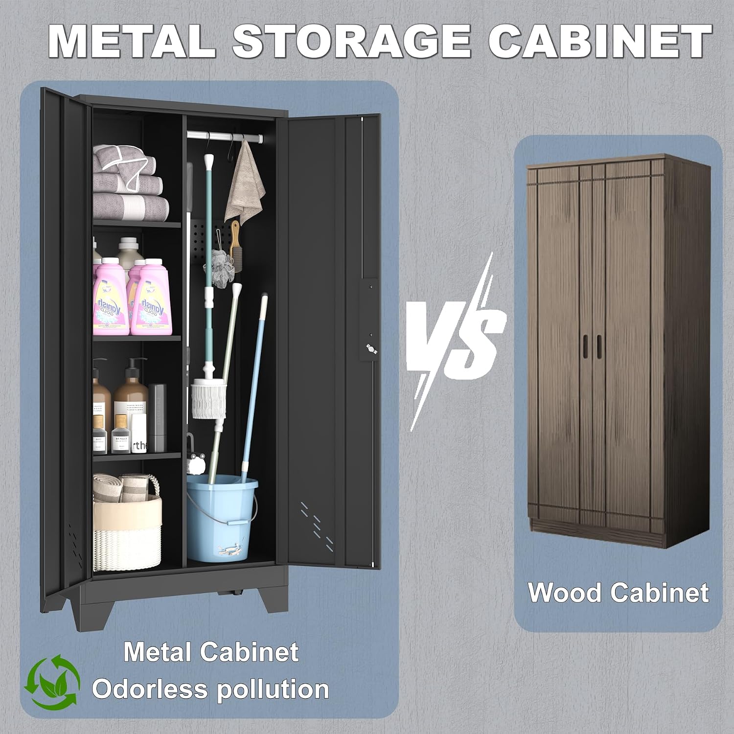 OSEILLC Metal Storage Cabinet with Locking Doors, 61' Tall Garage with Hanging Rod, Broom Closet, Freestanding Bathroom Storage Cabinet, Cleaning Tool,Utility Cabinets for Storage Locker,Black