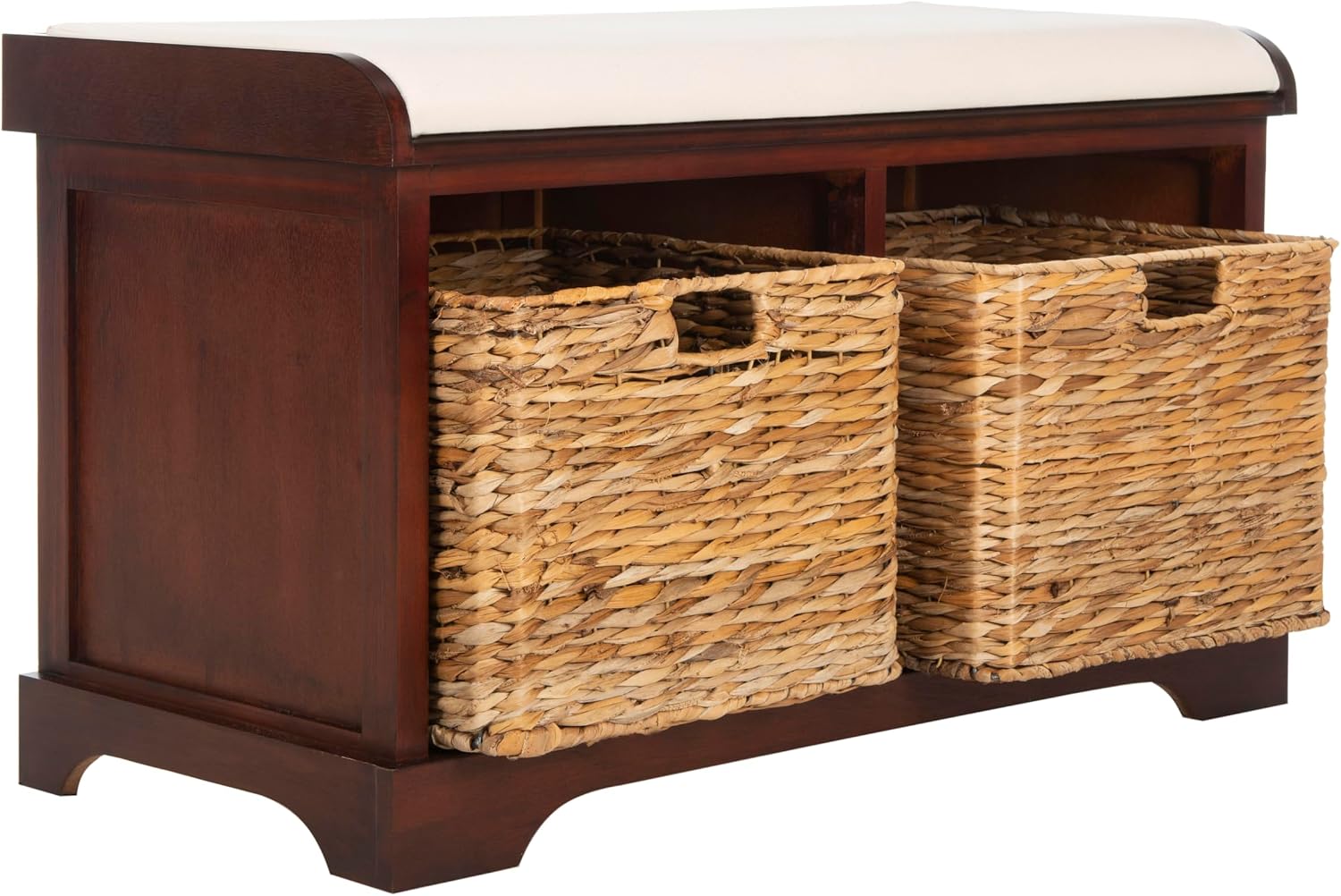 SAFAVIEH Home Collection – Freddy Cherry Storage Bench with Wicker Baskets & Cushion, Entryway Seating Bench, Fully Assembled (AMH5736E)