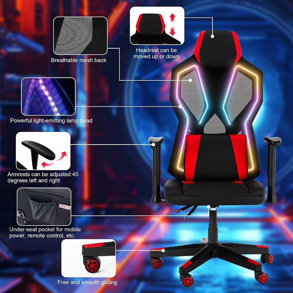 Frassie Gaming Chair with RGB LED Lights, Video Game Chair Ergonomic Computer Gamer Chair with Massage Lumbar Support (Red)