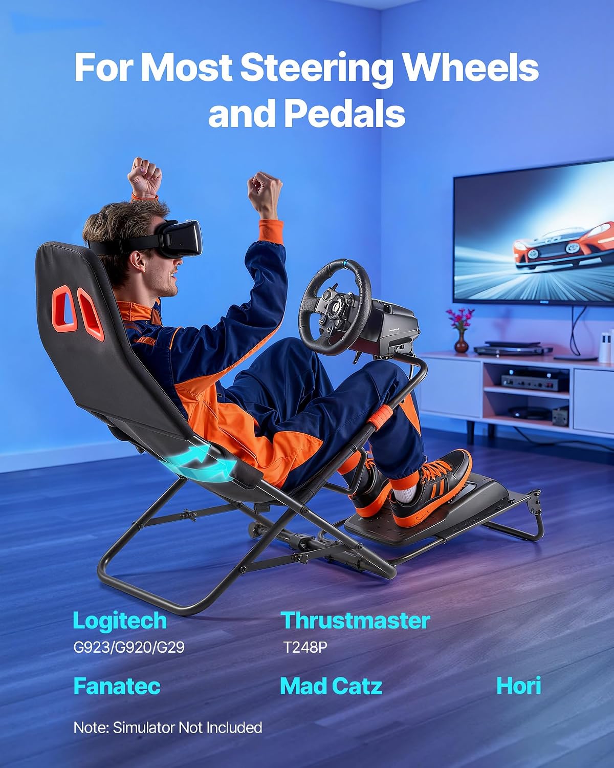 VEVOR Portable Racing Wheel Stand, Foldable & Adjustable Steering Sim Wheel Stand, 18.5 in Seat Inner Width, Compatible with Logitech G923/G920/G29, Thrustmaster T248P, Fanatec, Hori, Mad Catz, Black