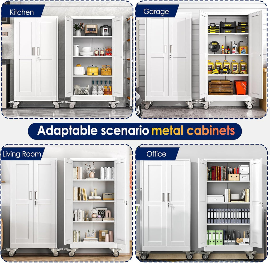 erosoei 61' H Metal Garage Storage Cabinet, Rolling Tool Cabinet with 2 Doors and Wheels, Locker Steel Cabinet with 3 Adjustable Shelves, Organization Cabinet for Garage,Office,Home,Gym,School（White）