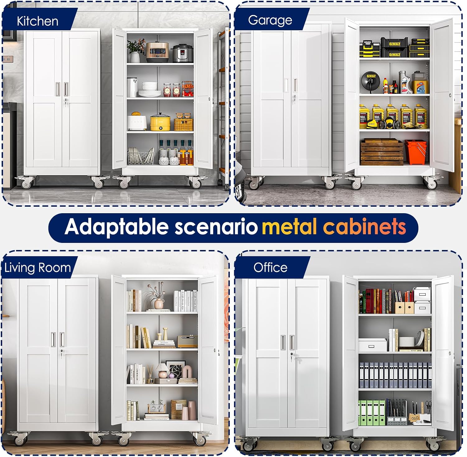 erosoei 61' H Metal Garage Storage Cabinet, Rolling Tool Cabinet with 2 Doors and Wheels, Locker Steel Cabinet with 3 Adjustable Shelves, Organization Cabinet for Garage,Office,Home,Gym,School（White）