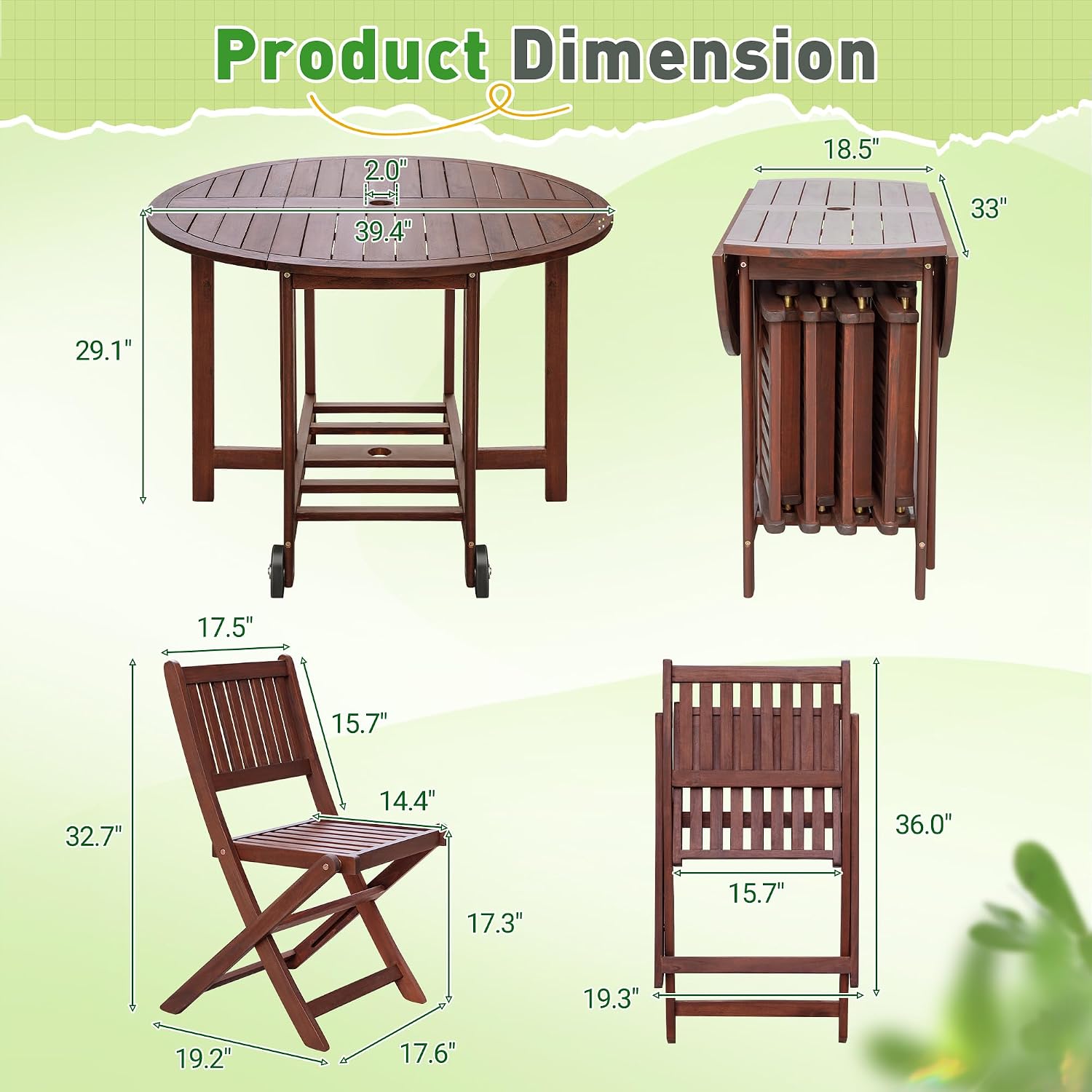 Greesum 5 Piece Patio Folding Furniture Bistro Set All-Weather Outdoor Conversation Round Table and Chairs for Pool Beach Backyard Balcony Porch Deck Garden, Dark Brown