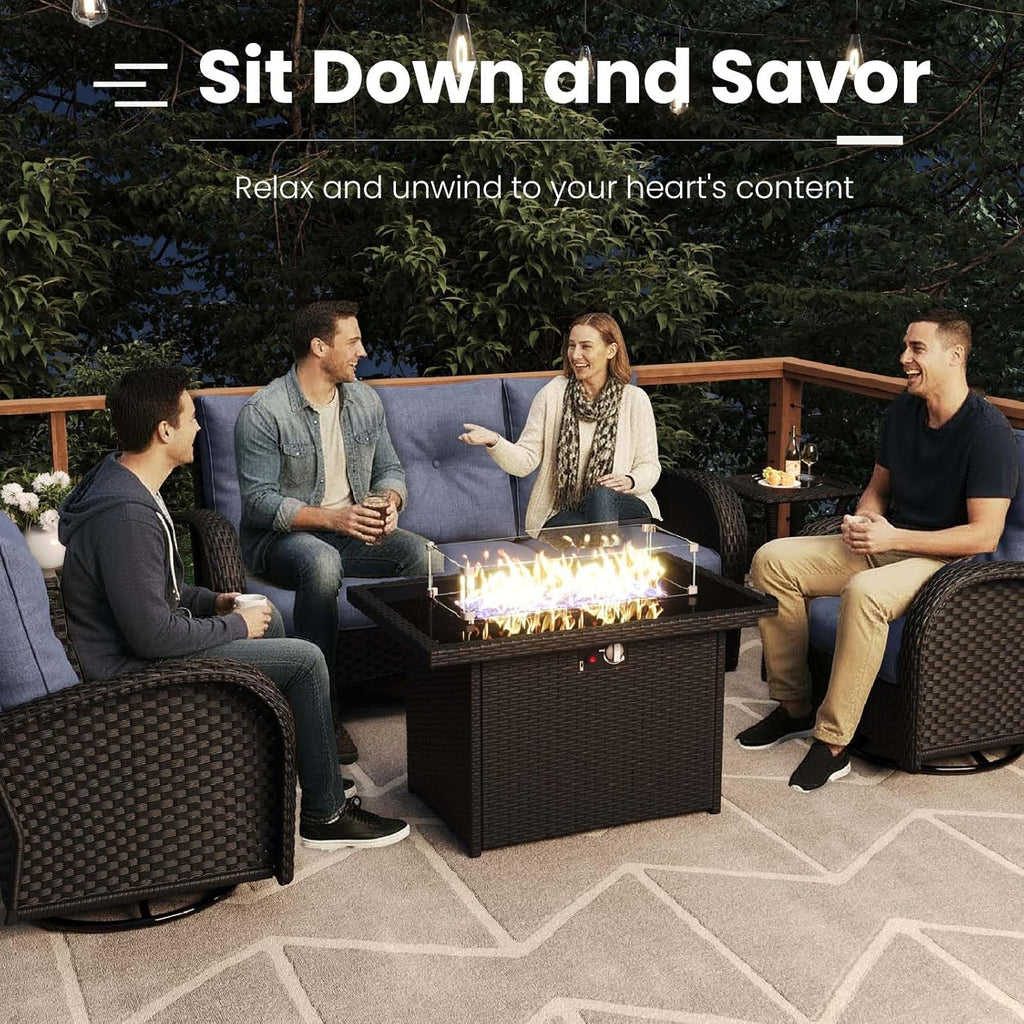 7 Pieces Patio Furniture Sets with Fire Pit Table, Wicker Rattan High Back Outdoor Swivel Rocking Chairs Set with Side Table