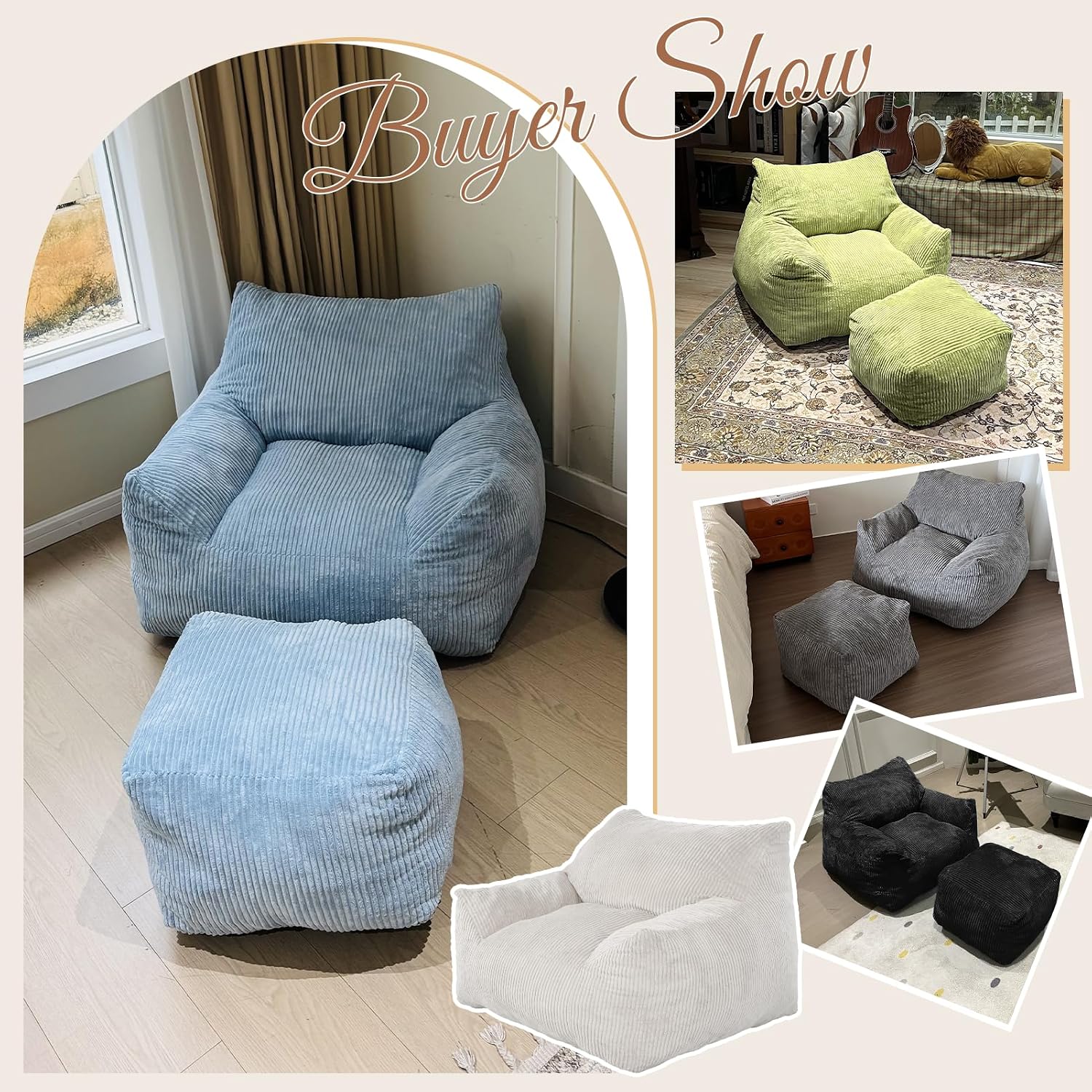 INMOZATA Bean Bag Chair with Ottoman, Cloud Boneless Couch - Oversized Memory Foam Beanbag Set for Adults & Teens, 3FT Plush Corduroy Comfy Lounge Sofa for Bedroom, Dorm & Reading Nook (Light Blue)