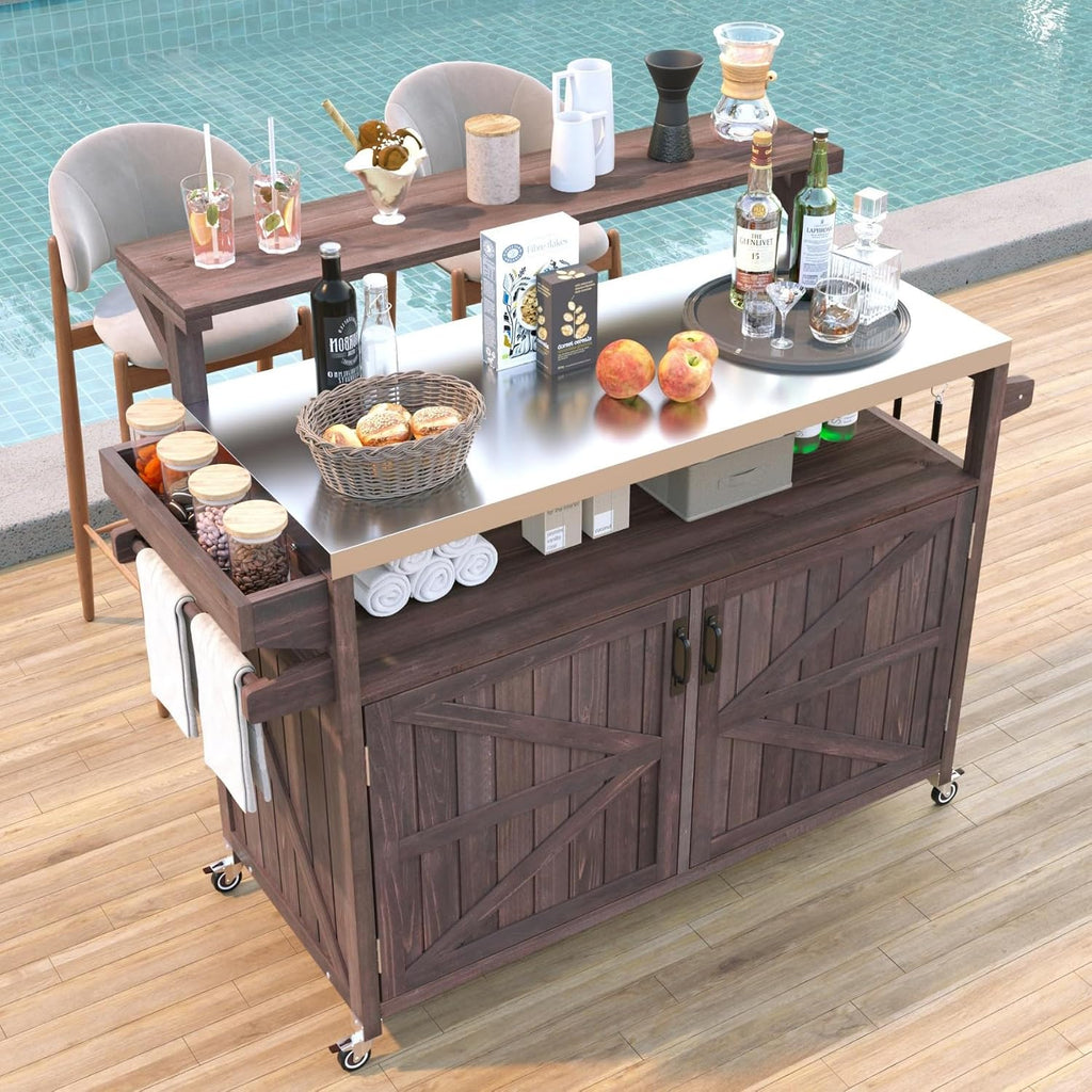 Outdoor Kitchen Island with Stainless Steel Top, 53.3' Rolling Grill Cart with Adjustable Shelves, Raised Shelf, Lockable Wheels, Portable Outdoor Table and Bar Storage Cabinet for Patio