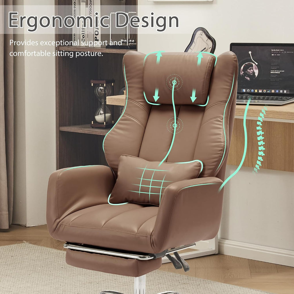 Ergonomic Cross Legged Office Chair with Footrest,Leather Big and Tall Executive Chair with Wheels,Reversible Armrest and Lumbar Pillow,155° Reclining Computer Wide Desk Chair for Home,Office (Brown)