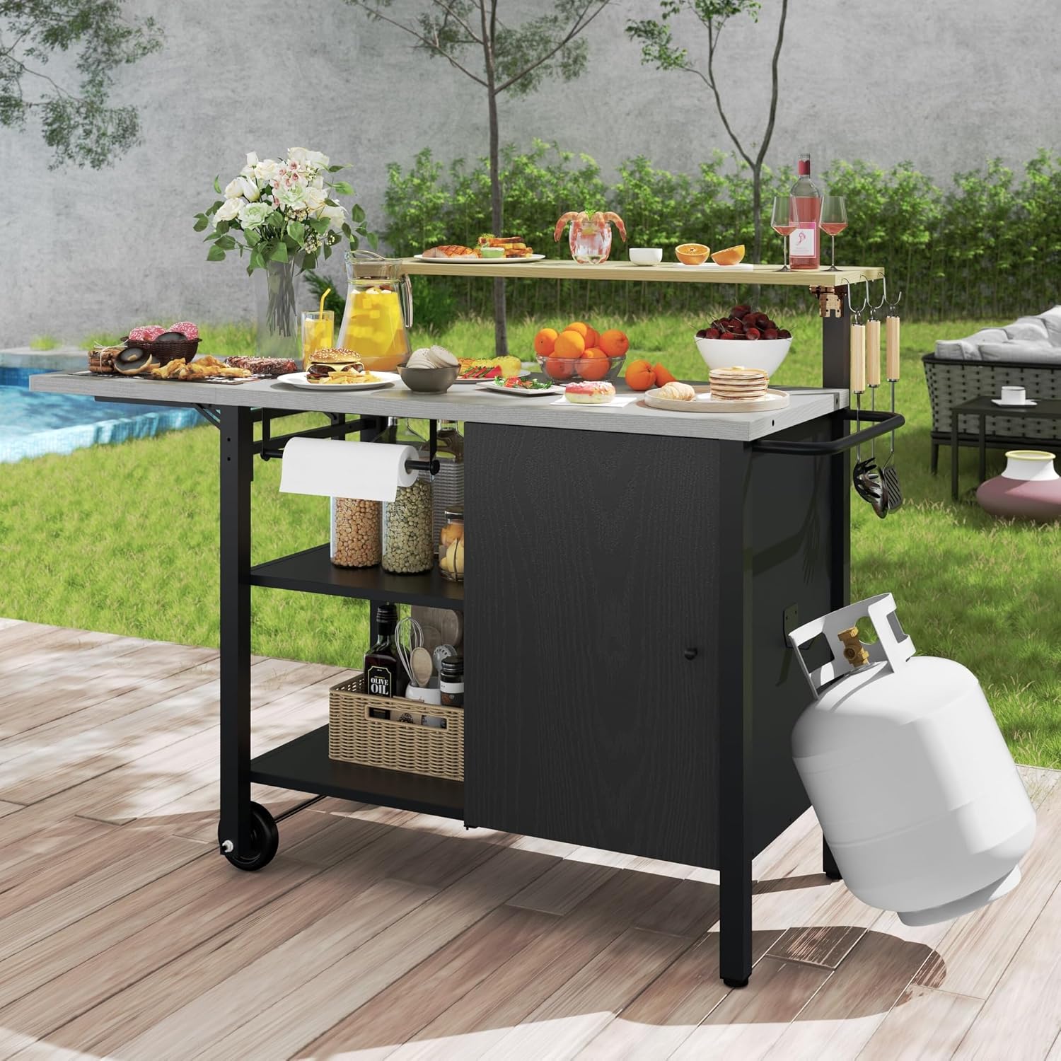 Sundale Outdoor Girll Cart with Stainless Steel Top & Storage Cabinet, Movable Multi Layer Food Pre Table with Side Shelf for Pizza Oven, BBQ, Outdoor Kitchen Island for Parties