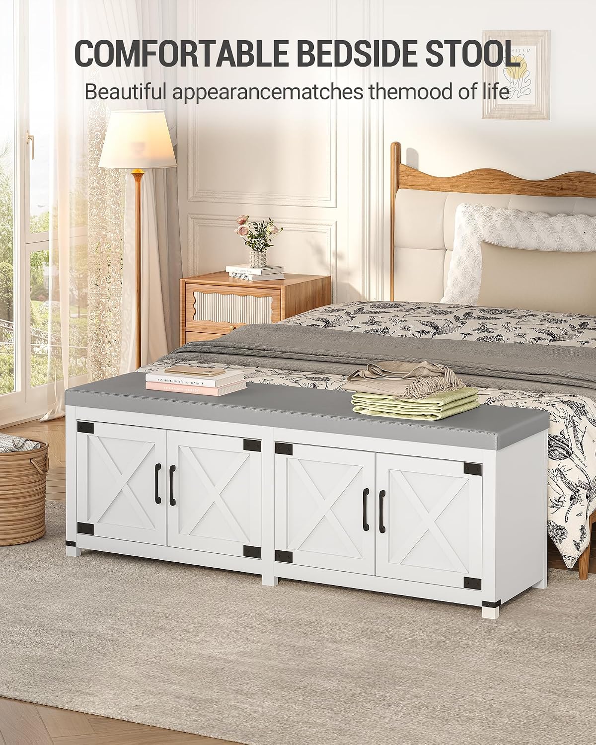 Hzuaneri Shoe Storage Bench, 2 Tier Shoe Bench with Padded Seat Cushion & 4 Barn Doors, 59' Entryway Bench with Adjustable Shelf, Farmhouse Shoe Cabinet for Living Room, Bedroom, White SB31503GY