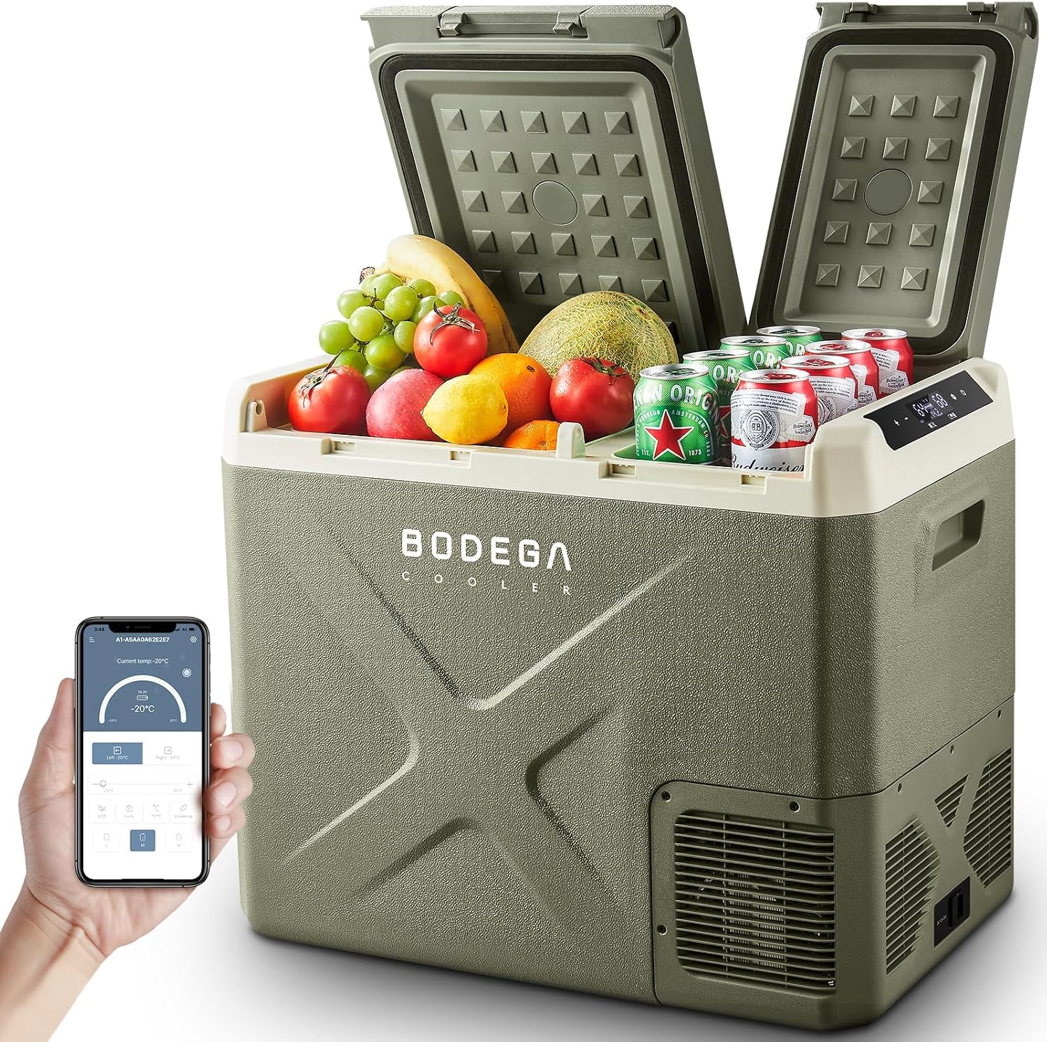 BODEGACOOLER 12V Portable Refrigerator, 42Quart Dual Zone Car Refrigerator, RV Car Fridge APP Control, -4℉-68℉Portable Freezer 12/24V DC 100-240V AC for Outdoor Camping Travel Vehicles Home Use
