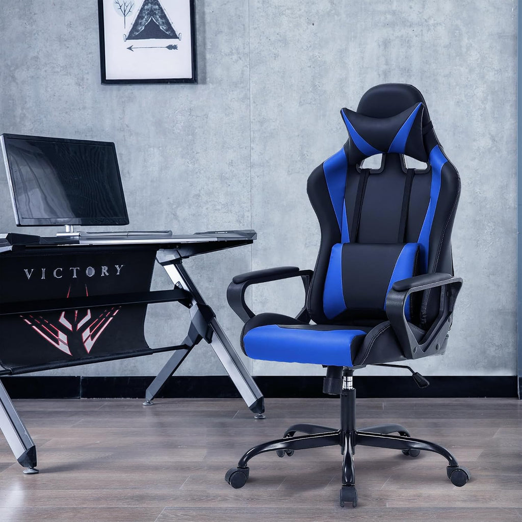 Video Game Chair Gaming Chair Computer High Back Office Desk Chair with Lumbar Support Adjustable Swivel Reclining Rolling PU Leather Game Chairs (Blue)