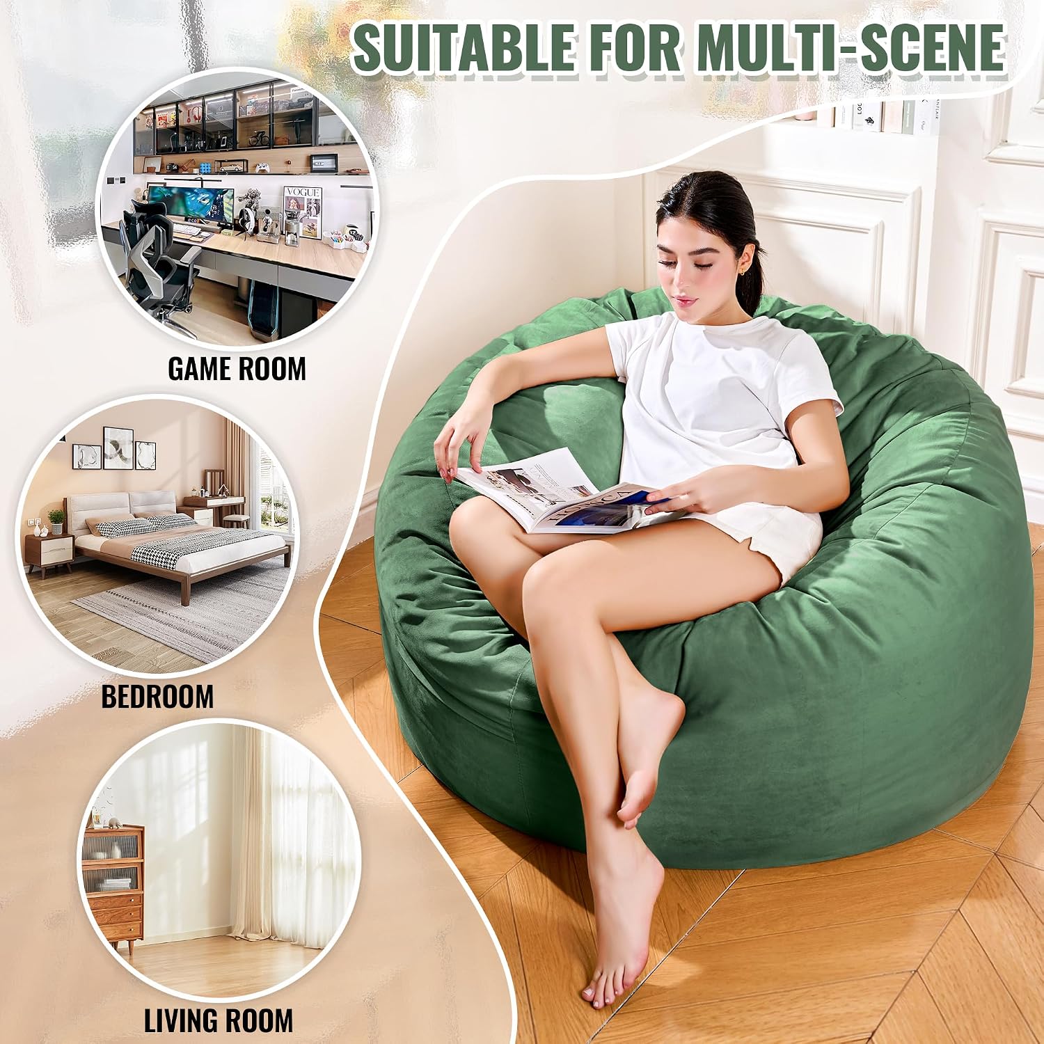 4FT Bean Bag Chair, Bean Bag Chairs for Adults and Kids, Fluffy and Comfy Bean Bag with Velvet Cover, Bean Bag with Memory Foam Filled for Gaming, Living Room, Playroom (Green)