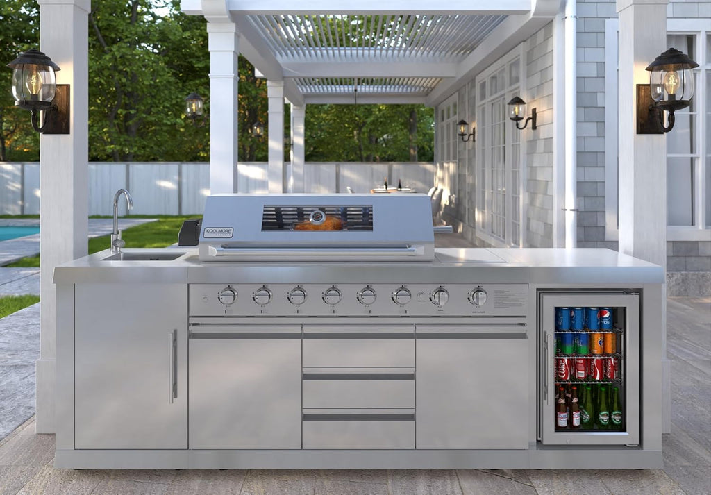 KoolMore Reserve Outdoor Kitchen Island with 6 Burner Grill and a Side Burner, Sink, Storage Cabinet and Beverage Refrigerator, CSA Listed in Stainless-Steel