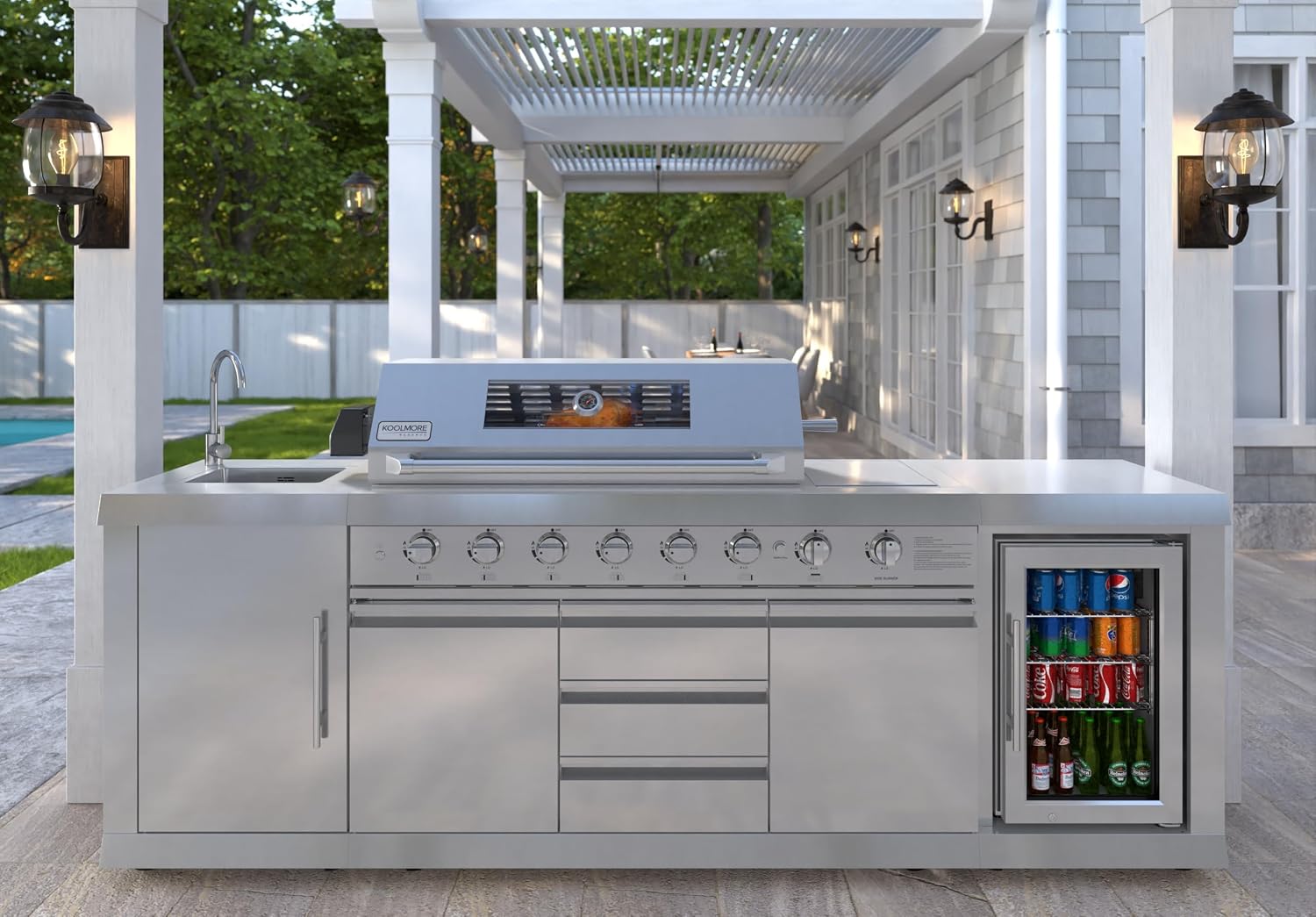 KoolMore Reserve Outdoor Kitchen Island with 6 Burner Grill and a Side Burner, Sink, Storage Cabinet and Beverage Refrigerator, CSA Listed in Stainless-Steel