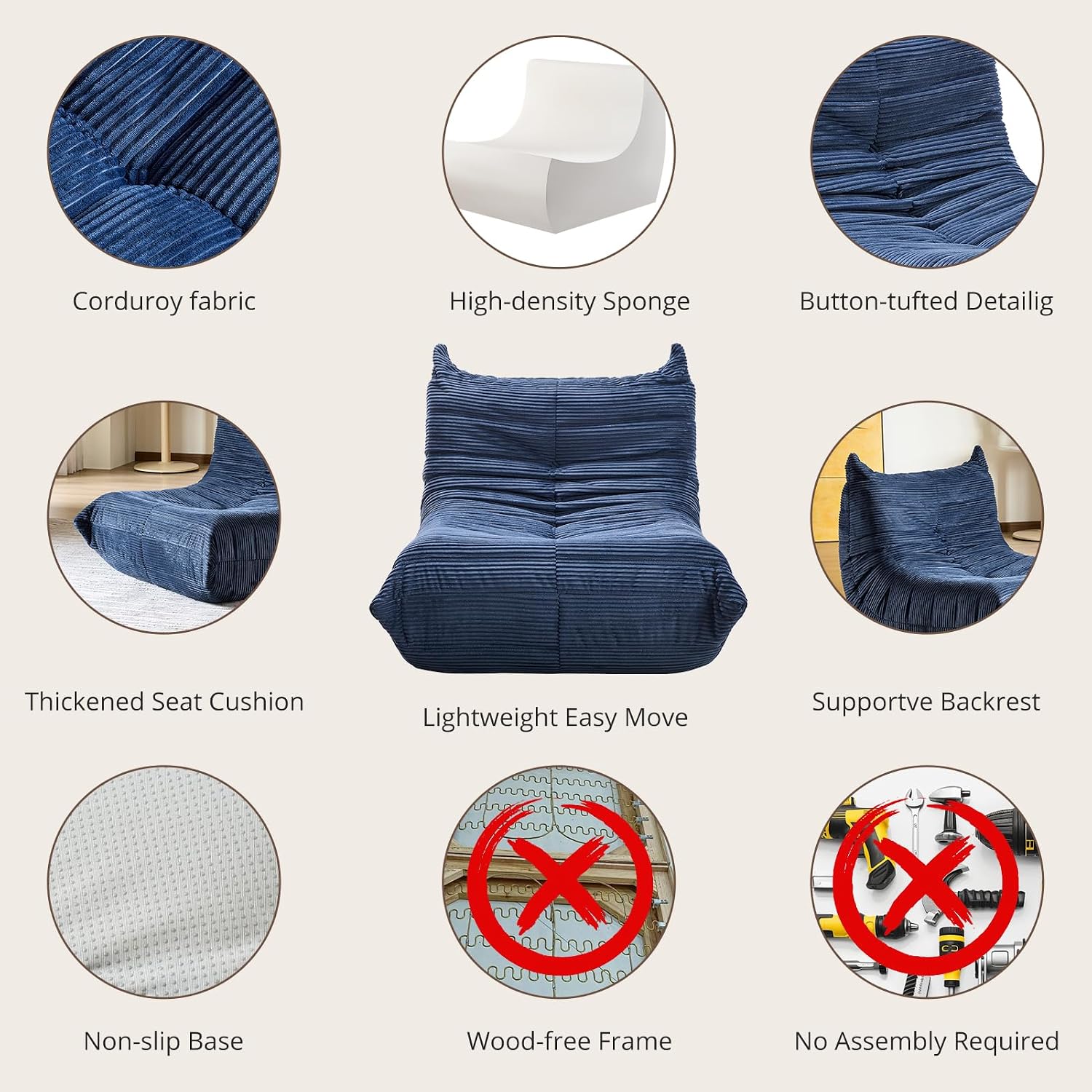 Bean Bag Chair - Corner Sofa, Fireside Chair Bean Bag Sofa Large Bean Bag Chair for Adults,Fireside Floor Couch for Living Room, Bedroom, Gaming (Yellow, Single) (Blue, Single)