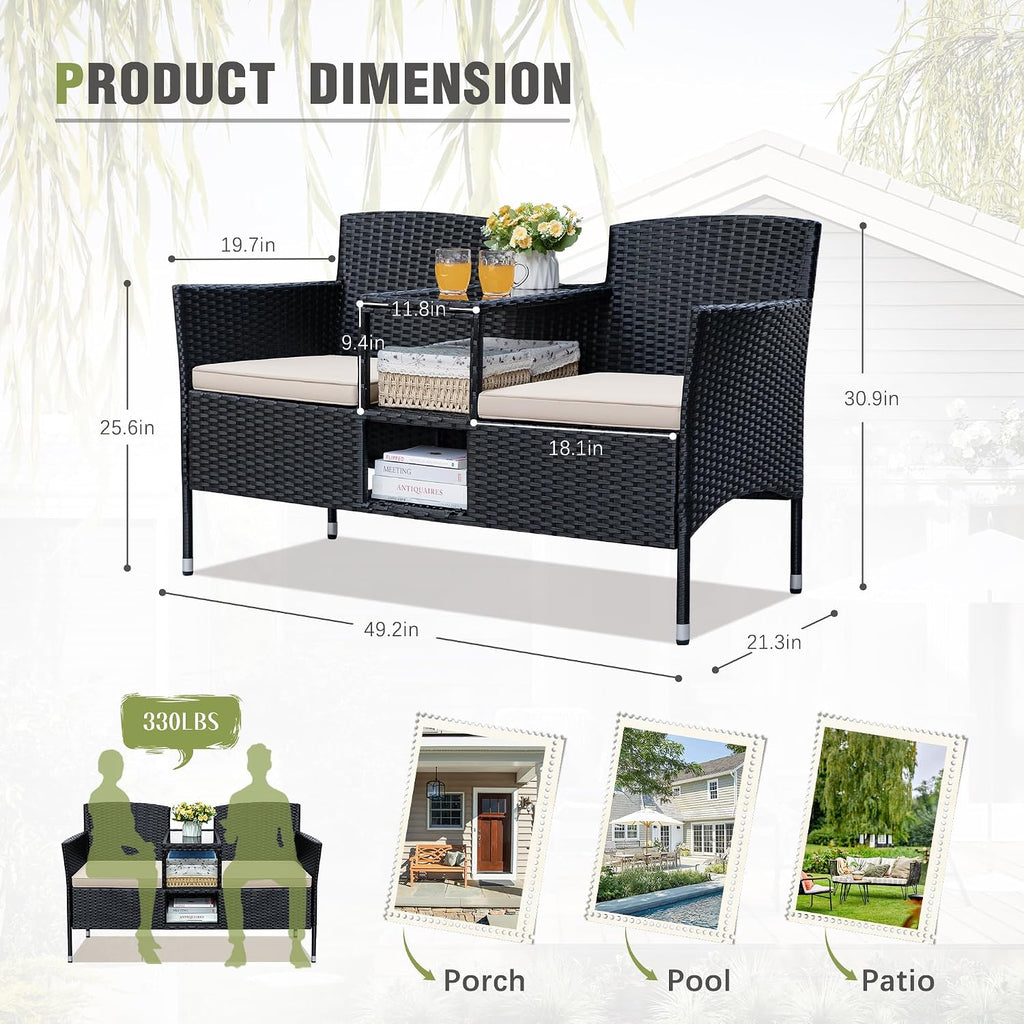 Greesum Patio Loveseat Outdoor Wicker Furniture Conversation Set with Soft Cushions & Built-in Coffee Table for Lawn Garden Backyard, Beige