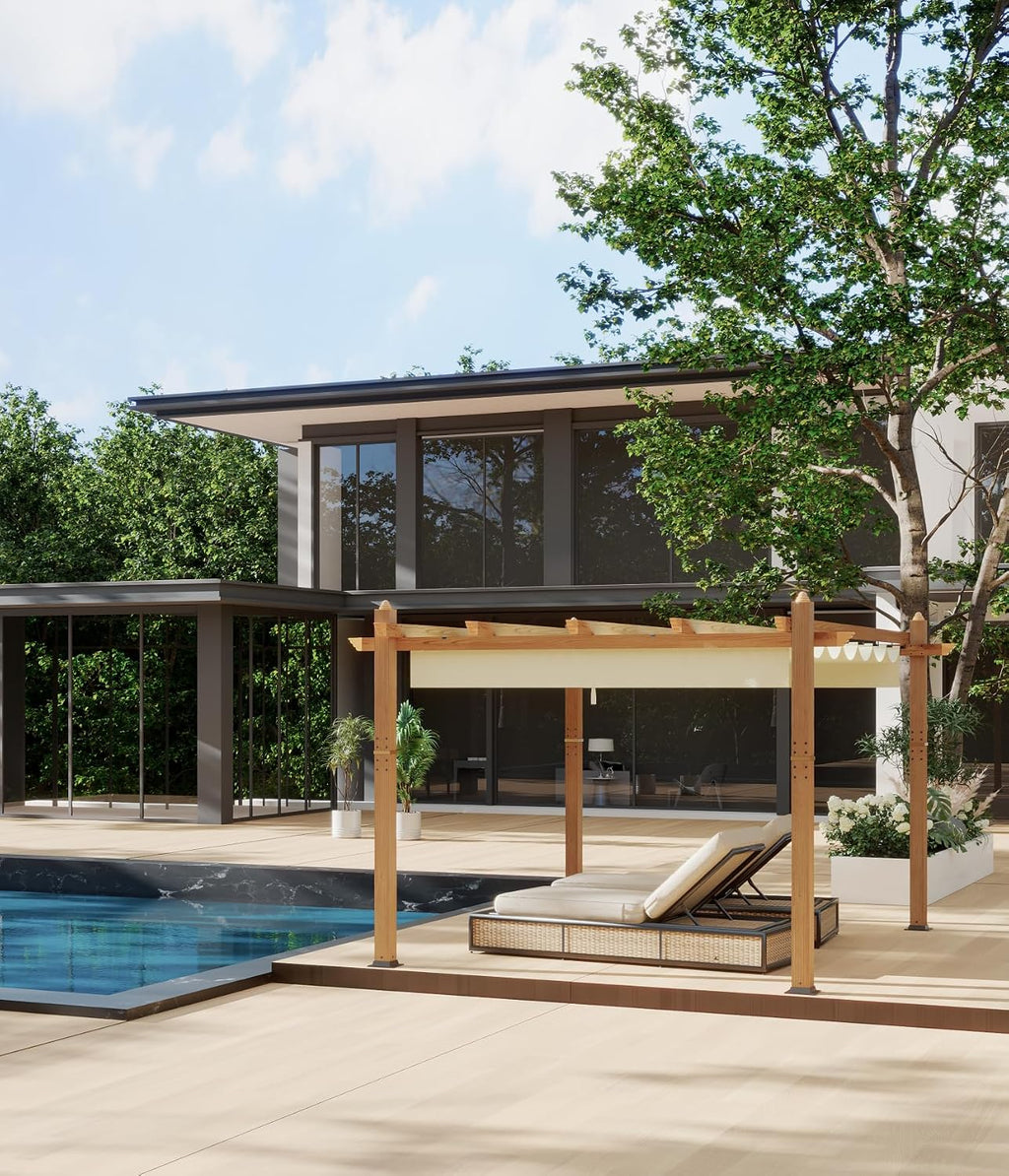 GAOMON Retractable Pergola 10' x 13' Aluminum Outdoor Pergola with Retractable Canopy Faux Wood Metal Pergolas for Patios, Backyard, Deck, Patio, Garden Porch Beach Pavilion Grape Trellis, Beige