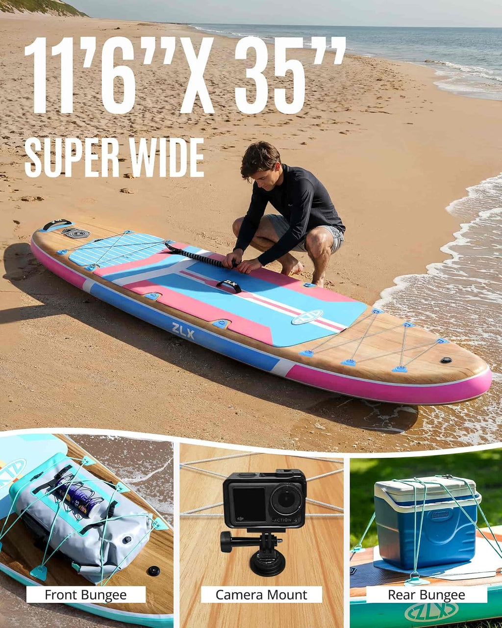 ZLX 11'6'x35' Ultra Wide Inflatable Stand Up Paddle Board | Stable Non-Slip Deck Pad, Unique Fin System, Premium SUP Accessories & Backpack - Upgraded Pump for Adults, All Skill Levels