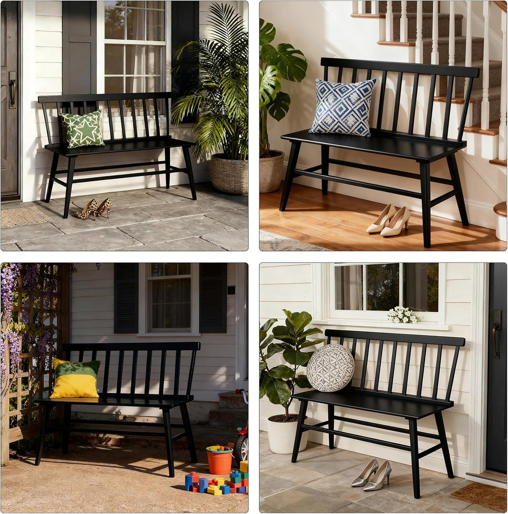 WISUCART Dining Bench for Kitchen & Dining Room – Bamboo Wood Bench with Spindle Back & Armrests, Farmhouse Entryway Bench, Indoor Bedroom Bench, Versatile Entry Bench & Outdoor Bench Seating（Black）
