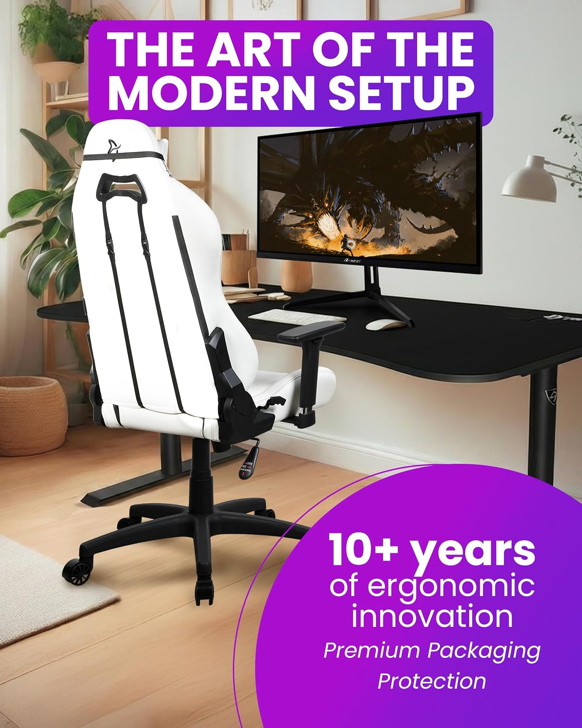 Arozzi Torretta Soft PU Leather Material Gaming Chair, Durable Ergonomic Office Chair with Adjustable Height, 3D Armrest & 2 Supportive Pillows (White)