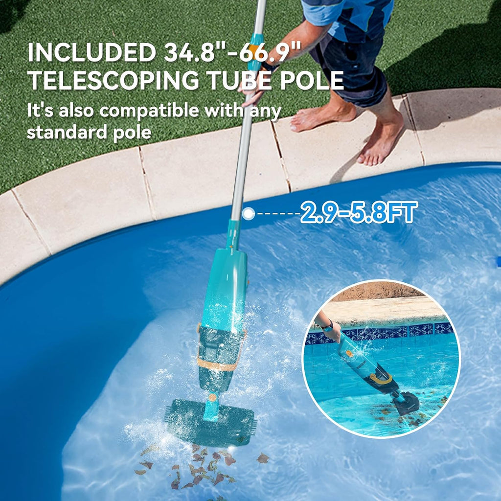 LVKE L2 Cordless Handheld Pool Vacuum for Above Ground Pool with Telescopic Pole, 30W Strong Suction, 1H Runtime, High-Efficiency Screen & Fine Sponge Trap Leaves & Grit Ideal for Pool Cleaning, Blue