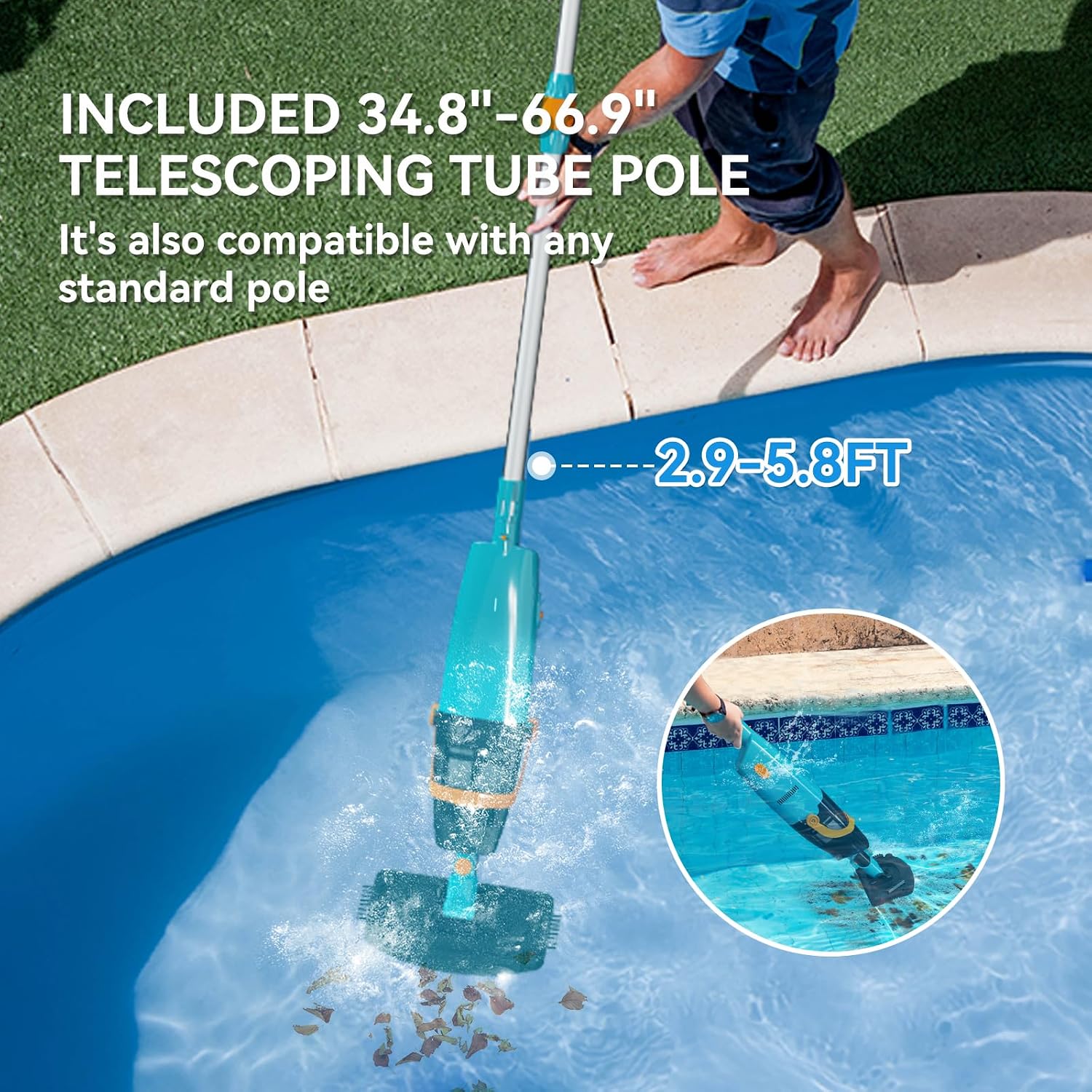 LVKE L2 Cordless Handheld Pool Vacuum for Above Ground Pool with Telescopic Pole, 30W Strong Suction, 1H Runtime, High-Efficiency Screen & Fine Sponge Trap Leaves & Grit Ideal for Pool Cleaning, Blue