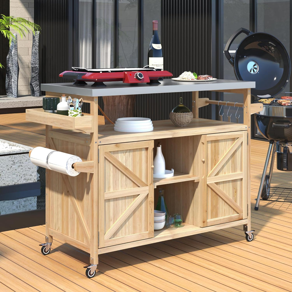 Outdoor Grill Cart with Storage, Farmhouse Outdoor Storage Cabinet with Stainless Steel Top, Wood Bar Patio Kitchen Island with Spice Rack, Towel Holder, Hooks & Locking Wheels for Patio BBQ(Wood)