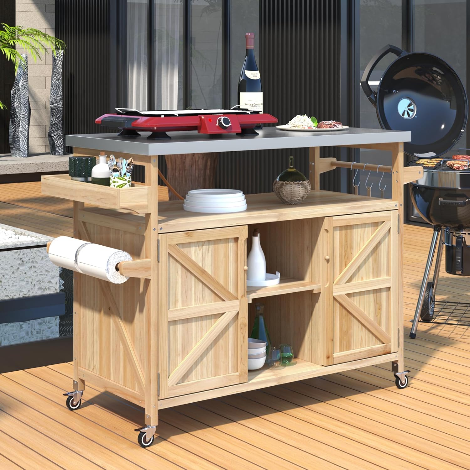 Outdoor Grill Cart with Storage, Farmhouse Outdoor Storage Cabinet with Stainless Steel Top, Wood Bar Patio Kitchen Island with Spice Rack, Towel Holder, Hooks & Locking Wheels for Patio BBQ(Wood)