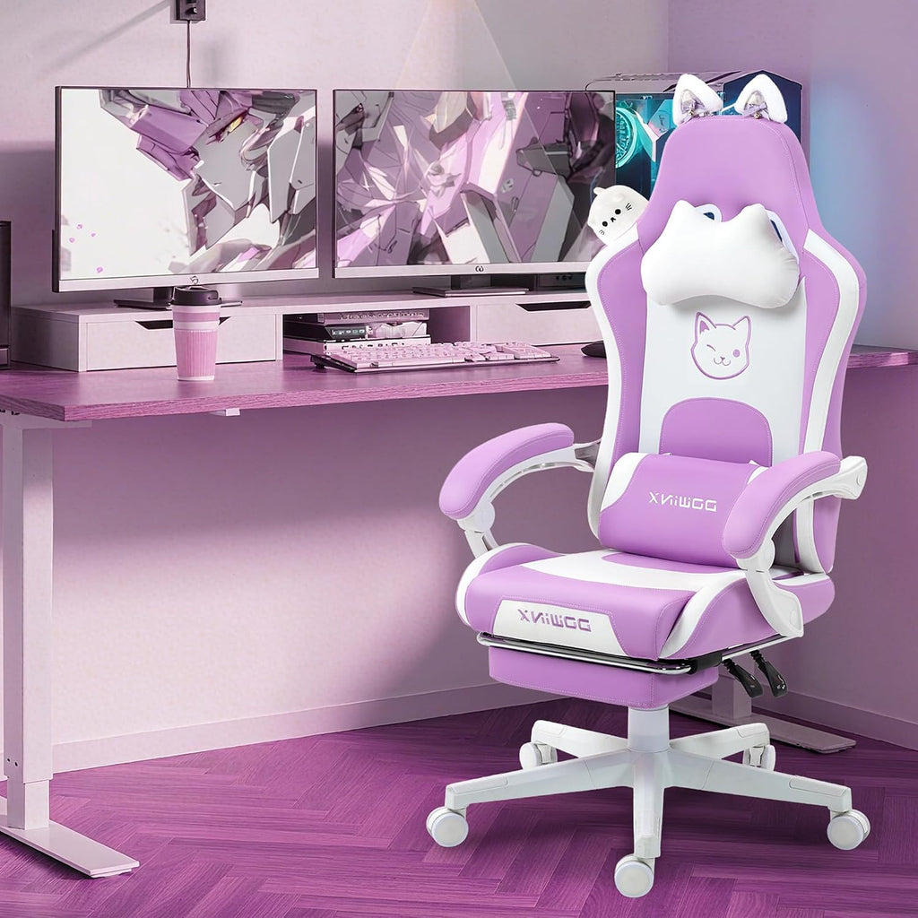 Dowinx Gaming Chair Cute with Cat Ears and Massage Lumbar Support, Ergonomic Computer Chair for Girl with Footrest and Headrest, Comfortable Reclining Game Chair 290lbs for Adult, Teen, Purple