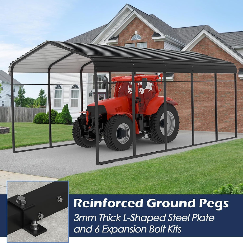 Xilingol Metal Carport, Heavy Duty Carport Canopy with Galvanized Steel Frame and Roof, Outdoor Storage Shed, Car Tent Garage Shelter for Pickup, Truck, Boat and Tractor (12x25 FT Black)