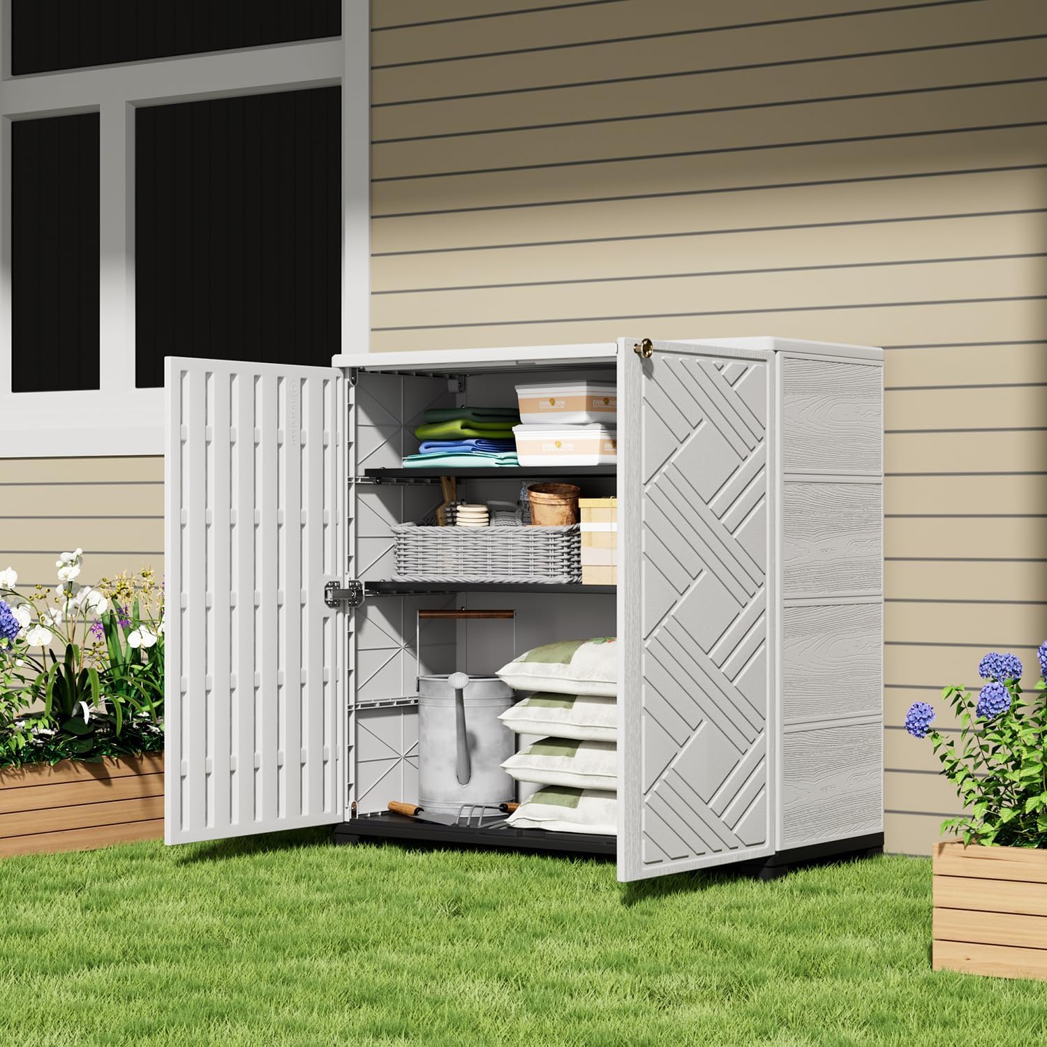 KINYING Outdoor Storage Cabinet Waterproof with 2 Shelves, 60 Gallon Resin Storage Shed for Patio/Garden/Backyard, Outdoor Storage Box for Cushions,Garden Tools and Pool Supplies,White