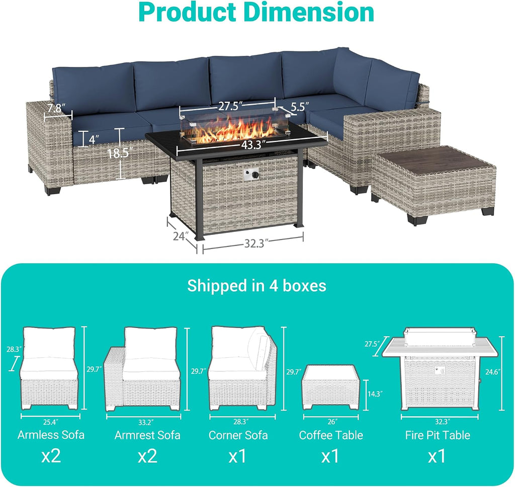 7PCS Outdoor Patio Furniture Set with 55,000 BTU Fire Pit Table, PE Wicker Rattan Sectional Sofa Patio Conversation Set with Thickened Cushions & Coffee Table for Garden, Navy Blue