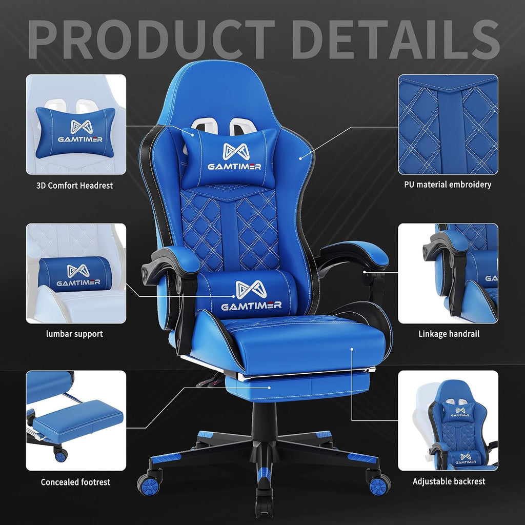 Gamtimer Gaming Chair, 400 lbs Adult Chair, High Back Computer Chair with Footrest and Linked Armrests, Office Video Game Chair with Lumbar Support (Blue)