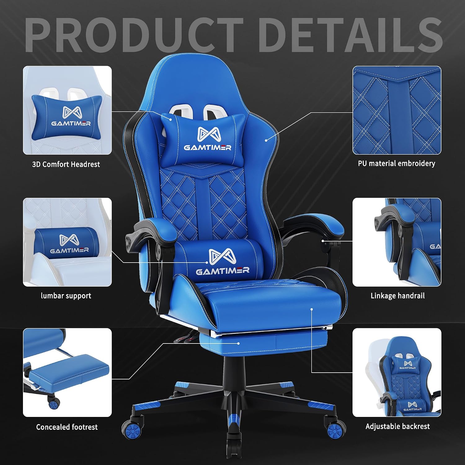 Gamtimer Gaming Chair, 400 lbs Adult Chair, High Back Computer Chair with Footrest and Linked Armrests, Office Video Game Chair with Lumbar Support (Blue)