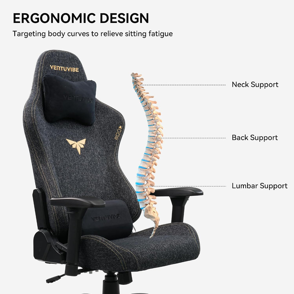 Gaming Chair 4D Adjustable Armrests - 170° Reclining & 320lb Capacity, High Back Ergonomic Computer Chair with Lumbar Support, Fabric Office Chair for Adults (Black)