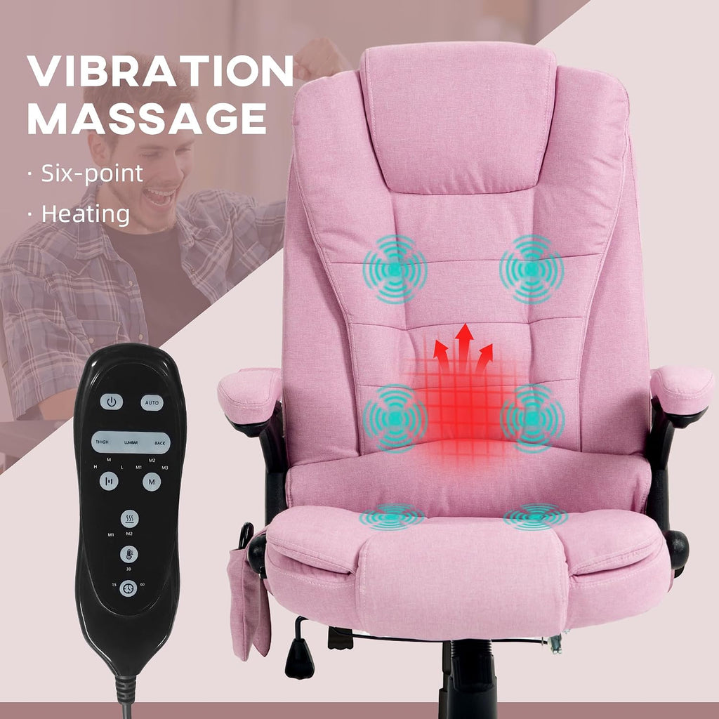 Vinsetto 6 Point Vibrating Massage Office Chair with Heat, Linen High Back Executive Office Chair with Reclining Backrest, Padded Armrests and Remote, Pink