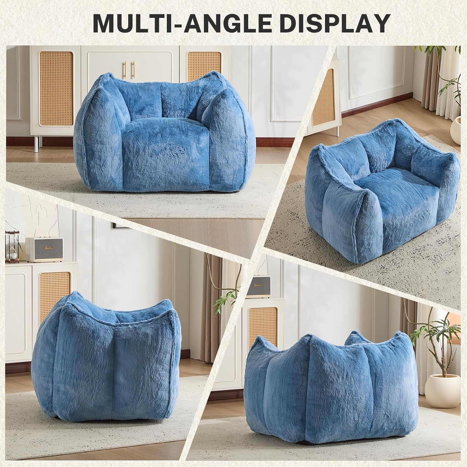 Giant Bean Bag Chair, Comfy Large Bean Bag Chairs for Adults and Kids, Fluffy Faux Rabbit Fur Floor Sofa for Living Room Bedroom Apartment, Light Bule