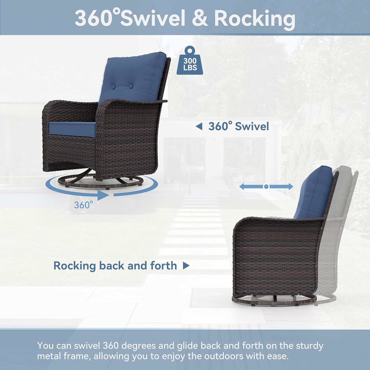 Kurapika 9 Pieces Patio Furniture Set, Rattan Wicker Sofa Set, Outdoor Conversation Sets w/Swivel Rocking Chairs Patio Sectional Sofa w/4in Cushion, Navy Blue