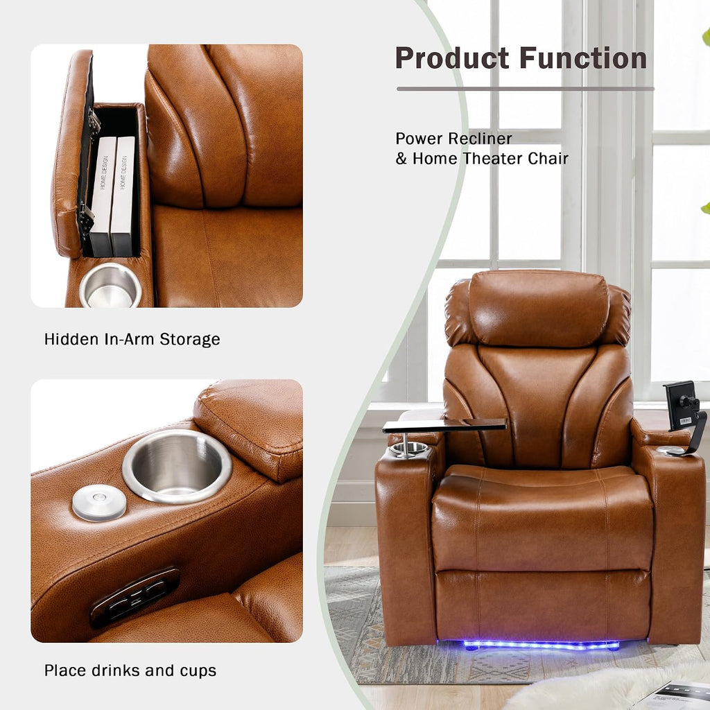 P PURLOVE Power Motion Recliner Chair for Home, PU Electric Recliner with Swivel Tray Table USB Charging Port and Hidden Arm Storage, Home Theater Seating with Cup Holder Design, Light Brown