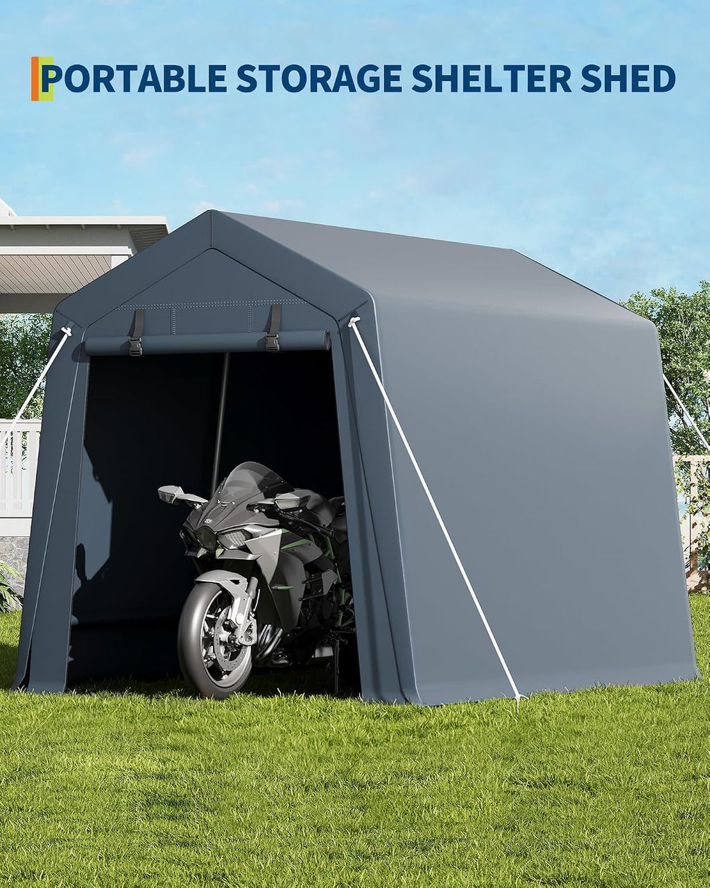 GarveeLife Portable Outdoor Storage Shed with Roll-Up Zipper Door & Vent, 240G Heavy-Duty Shelter Waterproof PE Tarp, UV-Resistant Carport for Motorcycle, Firewood, Tools (Gray, 7'x10')