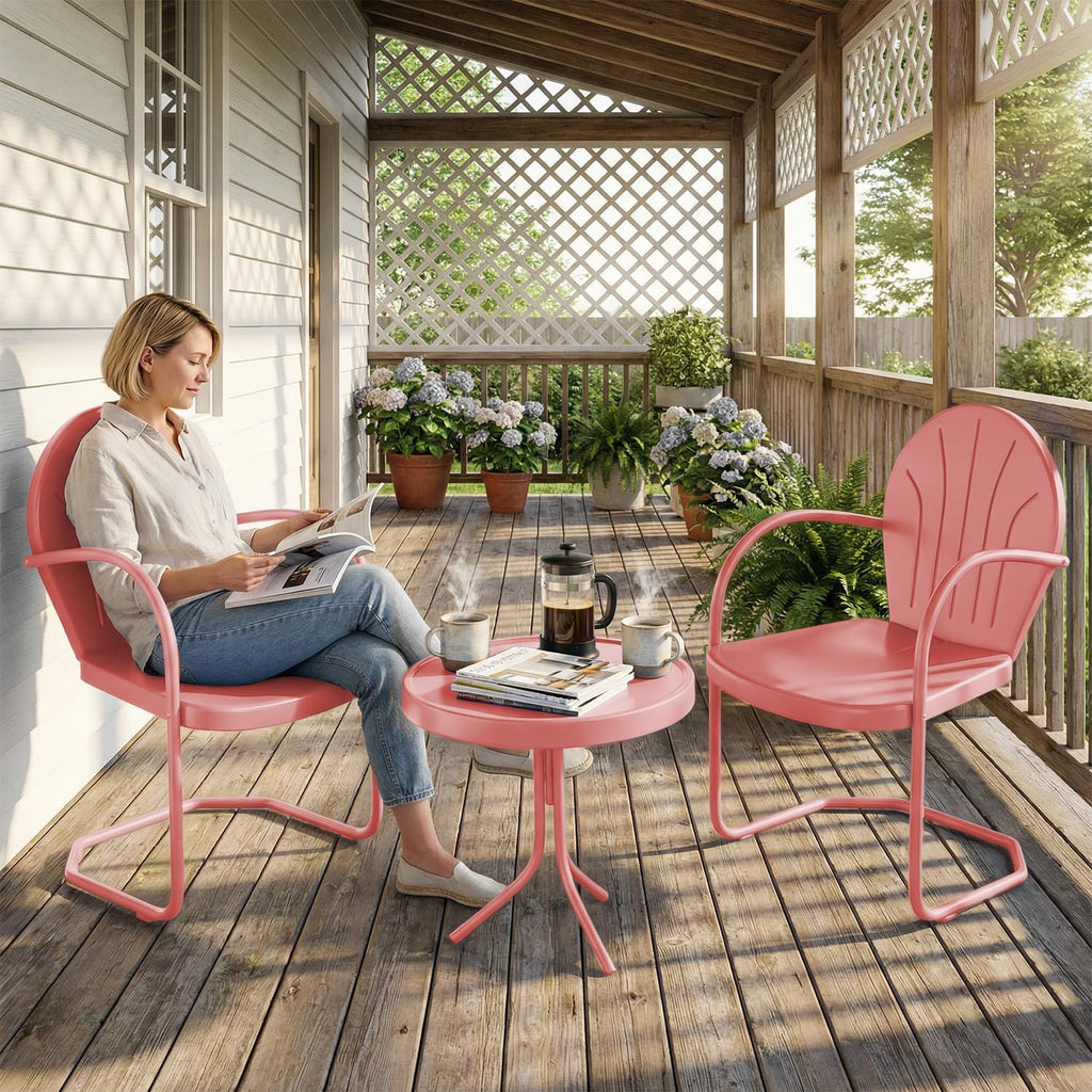 Patio Bistro Set Retro Metal Outdoor Seating Conversation 3 Pieces, 2 C-Spring Motion Armchairs and Round Side Table, for Porch, Lawn, Garden (Pink)