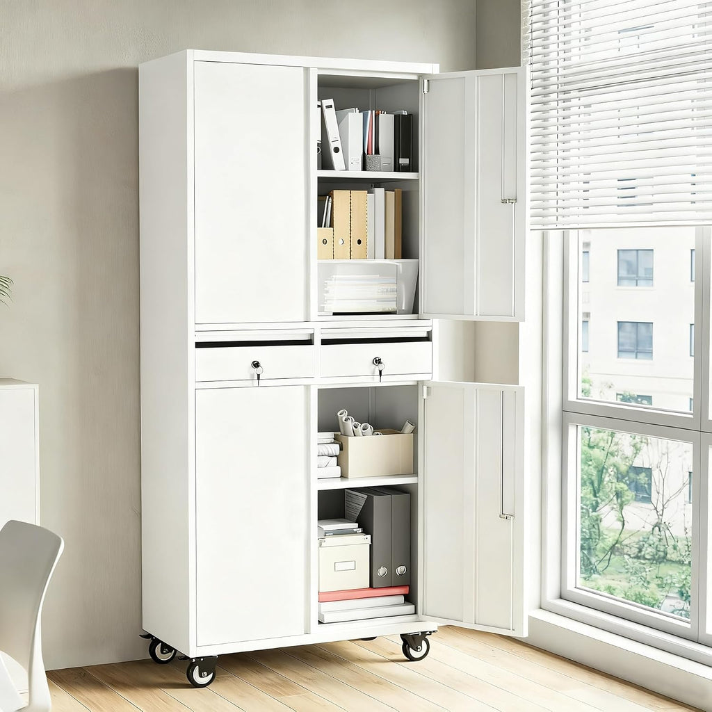 IDEALHOUSE 73'' Metal Storage Cabinet, Heavy Duty Garage Storage with Wheels, Locking Doors and 2 Drawers, Adjustable Shelves for Garage, Workshop, Office, White