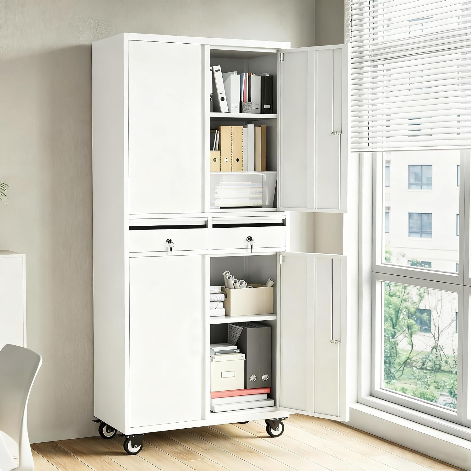 IDEALHOUSE 73'' Metal Storage Cabinet, Heavy Duty Garage Storage with Wheels, Locking Doors and 2 Drawers, Adjustable Shelves for Garage, Workshop, Office, White