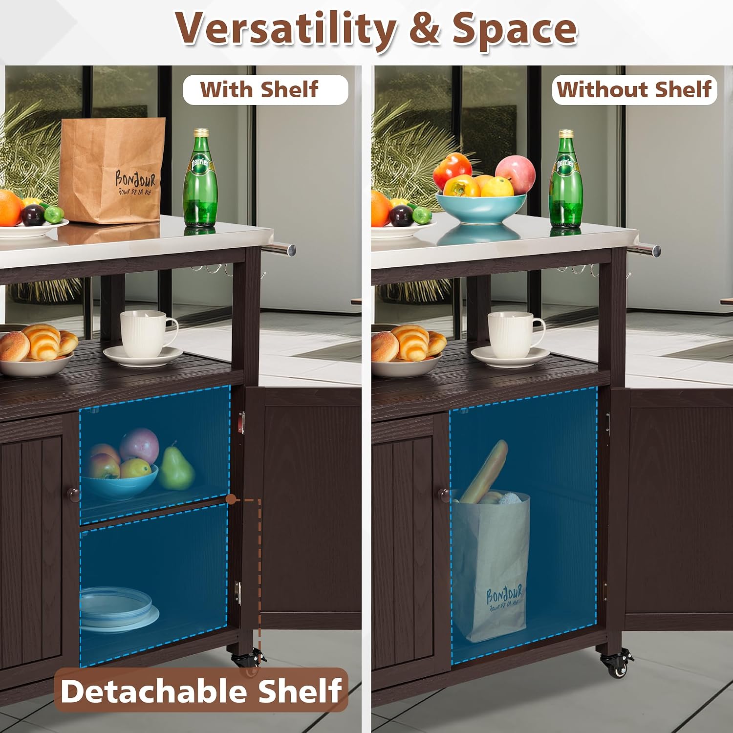 AHB Outdoor Grill Table Solid Wood Storage Cabinet, Rolling Kitchen Island, Movable Bar Cart with Stainless Steel Top for Outside Patio, Backyard, Garden (Two Doors)