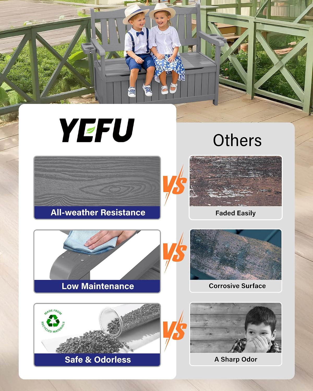 YEFU Outdoor Storage Bench for Patio: Heavy Duty Garden Bench Set of 2 with 96° High Backrest & Oversized Seating - HIPS Weatherproof Patio Bench with Storage for Porch Park Backyard, Grey