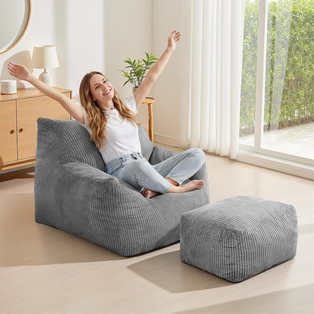 Bean Bag Chair with Ottoman, Oversized Memory Foam Cloud Boneless Couch, Plush Corduroy Beanbag Set for Adults, Teens, Gift for Bedroom, Dorm, Living Room, Reading Nook, Gaming & Lounge (Grey)